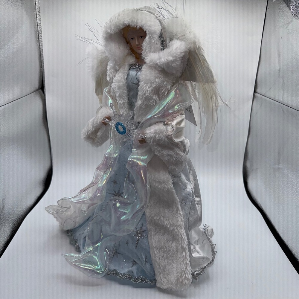 Christmas Tree‎ Topper Angel White Faux Fur Blue Gown Glitter Stars Ice Queen - Picture 4 of 12